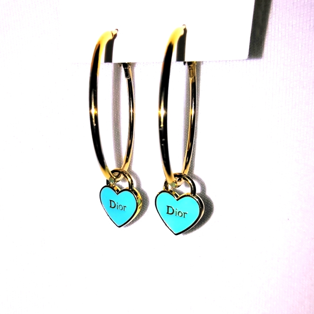 Dior Blue Heart Zipper Pull Pendants/14k Gold Plated Hoops - Picture 3 of 5